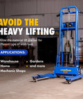 Material Lift Winch Stacker Pallet Truck Dolly With 330 Lbs Capacity And 40 Inch Max Lift 8 Inch Wheels And Swivel Casters