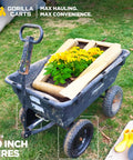 Gorilla cart with 4-pack 10 inch no-flat replacement tires, 300 lb capacity each – solid polyurethane, holding plants on grass.