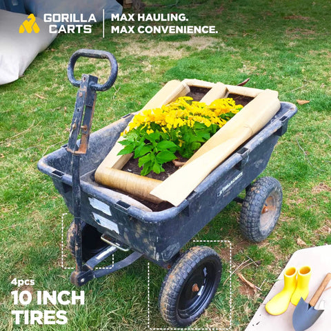 Gorilla cart with 4-pack 10 inch no-flat replacement tires, 300 lb capacity each – solid polyurethane, holding plants on grass.