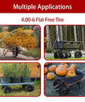 Four carts displaying 13 Inch Flat Free Solid Tire And Wheel For Gorilla Cart Wagon And Wheelbarrow 4.00-6 Size with 5/8 Inch Bearings.