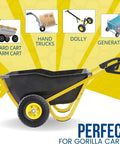 Gorilla cart with 10-inch solid tire wheels showing compatibility with yard carts, hand trucks, dollies, and generators.