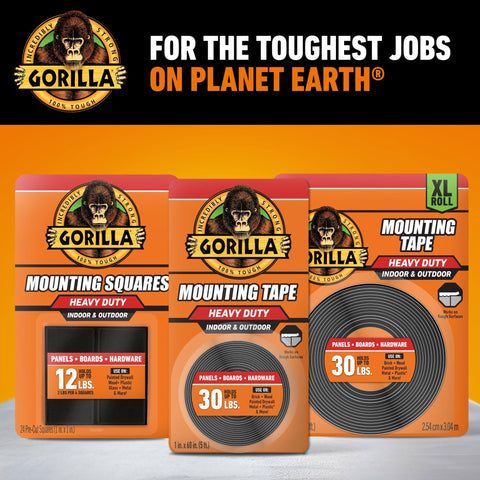 Gorilla heavy-duty indoor outdoor mounting tape and squares, supports up to 30 lbs, ideal for panels, boards, and hardware.