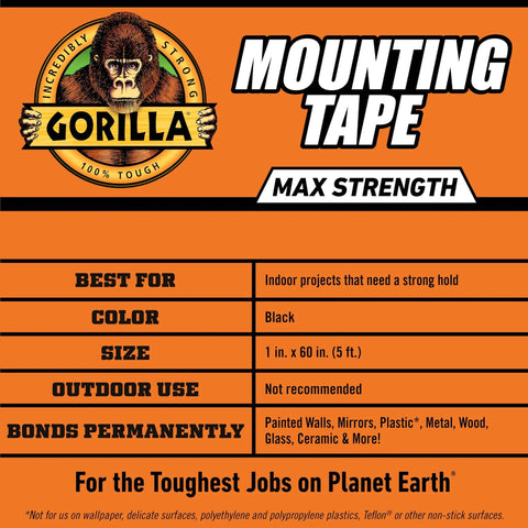 Heavy Duty Mounting Tape That Sticks Like A Champ With Double Sided Adhesive And Instant Hold For A Permanent Bond Reinforced Mesh For Extra Strength Holds Up To Forty Five Pounds On Painted Indoor Surfaces One Inch By Sixty Inches Black Pack Of One package label.