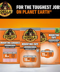 Three Gorilla mounting products for indoor and outdoor use, including mounting squares and tapes with labels showing 6 lbs and 15 lbs capacity.