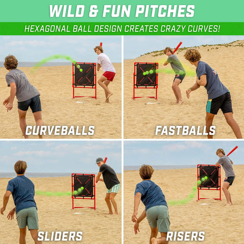 Plastic Baseballs - 6 Pack in action with kids pitching curveballs, fastballs, sliders, and risers on the beach using GoSports LotBall.