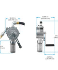 Front and side view of GPI - RP-10-UL Rotary Action Fluid Transfer Hand Pump, 10 Gallons per 100 Revolutions (123000-06) with dimensions.