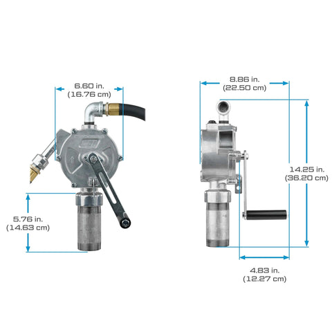 Front and side view of GPI - RP-10-UL Rotary Action Fluid Transfer Hand Pump, 10 Gallons per 100 Revolutions (123000-06) with dimensions.