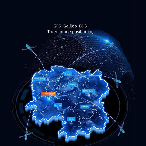 Visual representation of GPS+Galileo+BDS three mode positioning system, illustrating global satellite connections on a digital map.