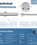 Technical dimensions and data for heavy duty adjustable Grade 1 door closer, ADA compliant, UL listed, aluminum finish, 99-330 lbs