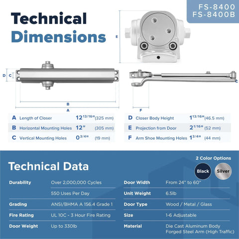 Technical dimensions and data for heavy duty adjustable Grade 1 door closer, ADA compliant, UL listed, aluminum finish, 99-330 lbs