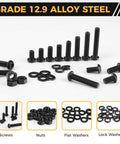 Grade 12.9 alloy steel screws, nuts, and washers from the Homwin 512Pcs M6 Bolts and Nuts Kit, black galvanized assortment