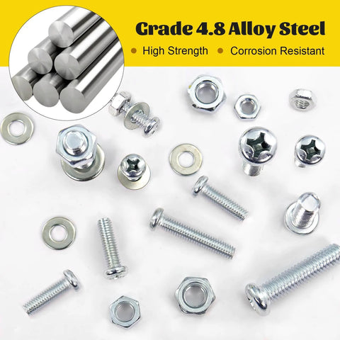 225 Pcs Screws and Nuts Assortment Kit with M4 M5 M6 Phillips Pan Head Bolts Matching Nuts and Washers Silver Finish organized case. 