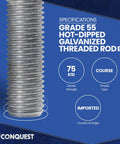 Image of Heavy Duty Grade 55 Threaded Rod For Structural Anchoring, Fasteners Plus specifications, hot-dip galvanized