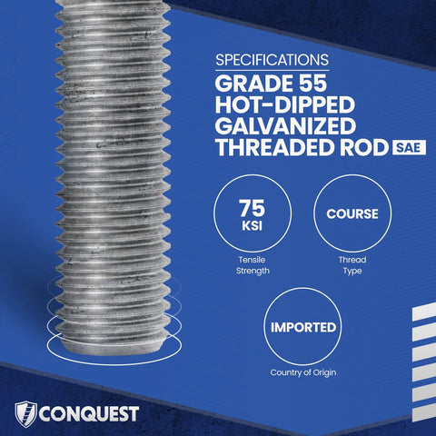Image of Heavy Duty Grade 55 Threaded Rod For Structural Anchoring, Fasteners Plus specifications, hot-dip galvanized