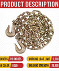 3/8 Inch x 6 FT Grade 70 Binder Chain with Clevis Grab Hooks - G70 Transport Tow Chain - 6,600 Lbs Working Load Limit in gold color.