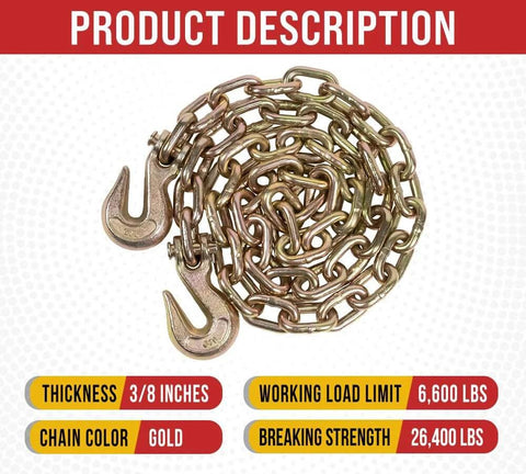 3/8 Inch x 6 FT Grade 70 Binder Chain with Clevis Grab Hooks - G70 Transport Tow Chain - 6,600 Lbs Working Load Limit in gold color.