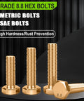 Gold zinc plated Grade 8.8 hex bolts showing metric and SAE sizes for heavy duty projects, highlighting high hardness and rust prevention.