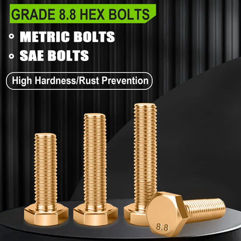Gold zinc plated Grade 8.8 hex bolts showing metric and SAE sizes for heavy duty projects, highlighting high hardness and rust prevention.
