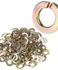 Split Lock Washer Grade Eight Thru Hardened Steel Yellow Zinc Plated 100 Pack, showing washers in a pile with a close-up view.