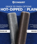 Hot-dipped vs. plain finish threaded rods for indoor and outdoor use, showing Grade 55 options.