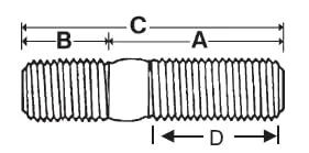 Diagram showing Ten Grade 8 Double End Studs 8mm-1.25 x 30mm and 8mm-1.25 x 10mm with measurements labeled A, B, C, D.