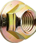 Close-up of Beefy Grade 8 Prevailing Torque 1/2-13 Hex Flange Lock Nut with yellow zinc plating, coarse thread, 3/4 inch wrench size.