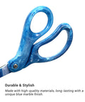 Close-up of All Purpose 8 Inch Heavy Duty Scissors for Office Crafting and DIY Projects, blue ergonomic handles, stainless steel blades.