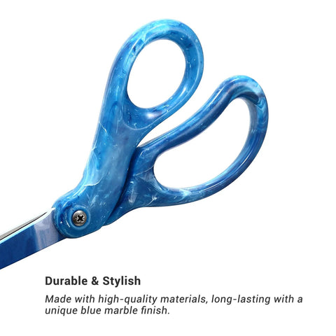 Close-up of All Purpose 8 Inch Heavy Duty Scissors for Office Crafting and DIY Projects, blue ergonomic handles, stainless steel blades.