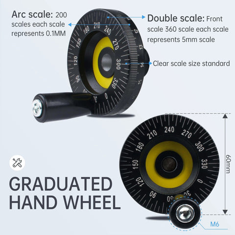 Graduated hand wheel with arc and double scale, showing measurements, used with Linear Stage Actuator MBX80 Type Munual Linear Slide Table.