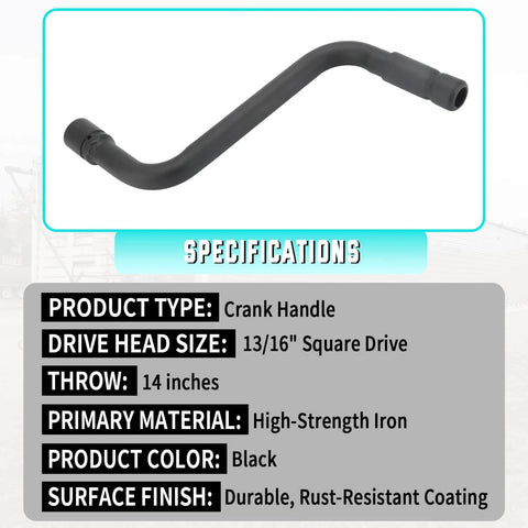 Universal Grain Trailer Crank Handle 13/16 Inch Square Drive 14 Inch Throw in black iron with rust-resistant finish