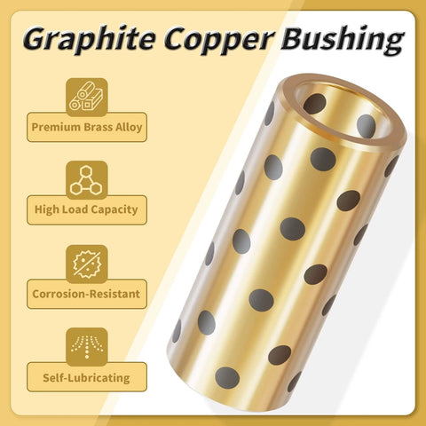 Two Pack Brass Graphite Wrapped Oilless Bushings With Self Lubricating Graphite Bearing For Rotating Machinery And Transmission Equipment Plain Bearing For 8mm Shaft 15mm Outer Diameter 24mm Length showing premium brass alloy and features like high load capacity, corrosion resistance, and self-lubricating properties.