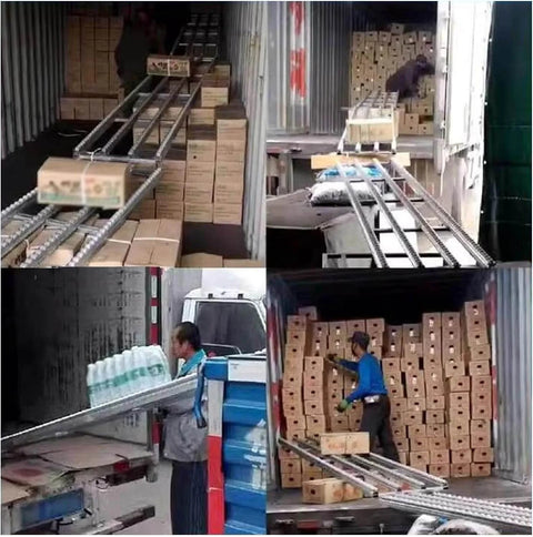 Workers using Light Duty Gravity Conveyor Slides With ABS Plastic Roller System And Stainless Steel Frame Two Slide 200 Cm Long