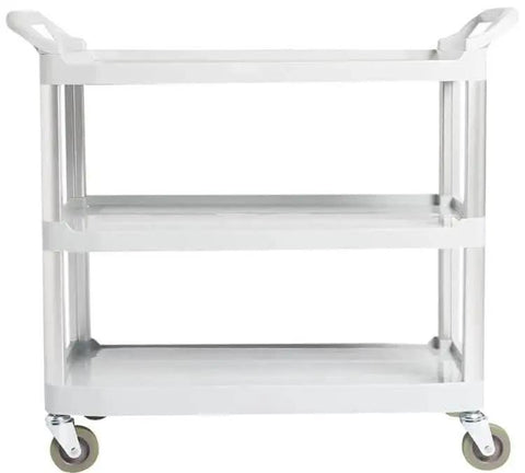 Front view of Heavy Duty 3 Tier Rolling Utility Cart For Busy Shops And Offices, 400 Pound Capacity, Portable Gray Mobile Shelving On Locking Casters