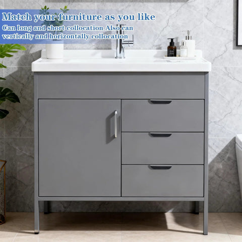 Bathroom vanity with gray cabinet doors and drawers featuring Five Piece Edge Finger Pulls For Cabinets Aluminum Alloy Concealed Handles.