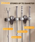 Broom Holder Mop Hanger, 2026 New No punching required Broom Hanger Organizer holding tools, showing various diameter handles.