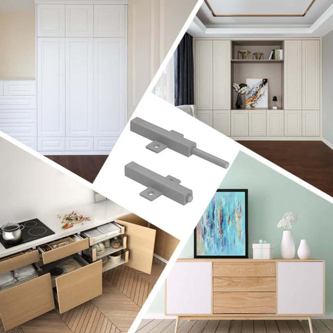 Push To Open Cabinet Hardware Magnetic Push Door Latches Heavy Duty Drawer Opener 2 Pack shown with kitchen and cabinet setups