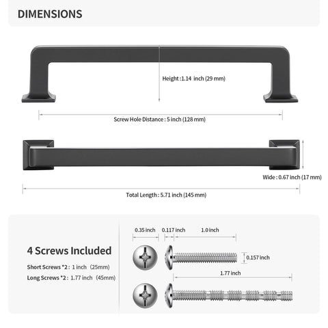 Dimensions diagram of 10 Pack 5 Inch Gray Kitchen Cabinet Handles Modern Cabinet Pulls for Cabinets and Vanity, including screws.