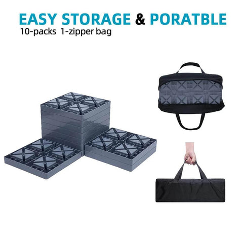 Heavy Duty RV Leveling Blocks For Campers And Trailers With Interlocking Design, 10 Pack Includes Carrying Bag, Adjustable Height Gray