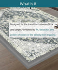 Carpet Floor Transition Strip, self-adhesive gray trim for door thresholds and wood floors, shown on rug edge, height 5mm, length 10ft