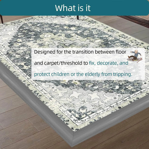 Carpet Floor Transition Strip, self-adhesive gray trim for door thresholds and wood floors, shown on rug edge, height 5mm, length 10ft