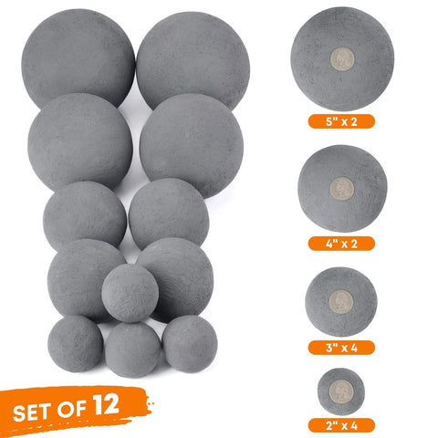 12 Pack Gray Ceramic Balls, Mixed 4 Sizes Fireplace Balls; features 2x5in, 2x4in, 4x3in, 4x2in for fire pits and bowls setup