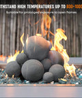 12 Pack Gray Ceramic Balls, Mixed 4 Sizes Fireplace Balls displayed in a fire pit, showing flame resistance for indoor and outdoor use.