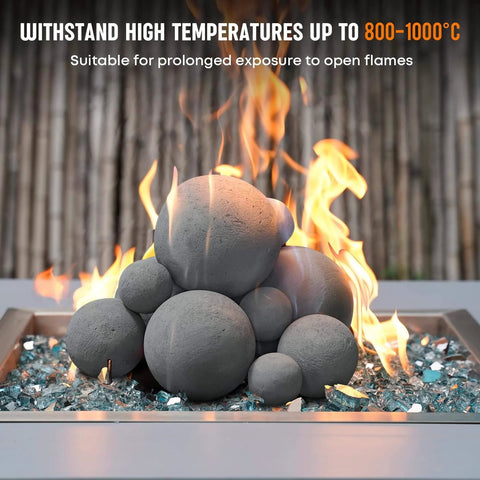 12 Pack Gray Ceramic Balls, Mixed 4 Sizes Fireplace Balls displayed in a fire pit, showing flame resistance for indoor and outdoor use.