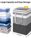 Two Pack Large Waterproof Freestanding Collapsible Laundry Hampers With Reinforced Handles 75 Liter Each Ideal For Laundry Room Dorm Bathroom And Bedroom Grey Durable Frame Makes Upright Use Easy And Tidy shown next to folded clothes
