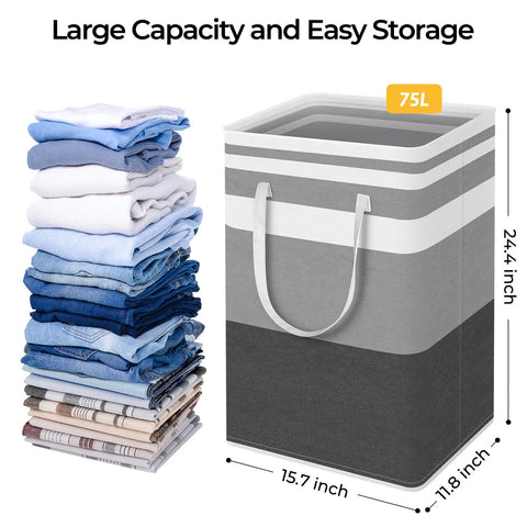 Two Pack Large Waterproof Freestanding Collapsible Laundry Hampers With Reinforced Handles 75 Liter Each Ideal For Laundry Room Dorm Bathroom And Bedroom Grey Durable Frame Makes Upright Use Easy And Tidy shown next to folded clothes