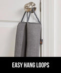 Door Draft Stopper For Bottom Of Doors Fits Gaps Up To 3 Inches, easy hang loops shown, gray fabric, hung on door knob