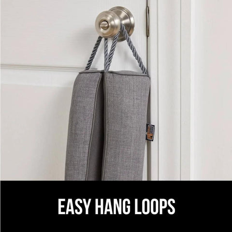 Door Draft Stopper For Bottom Of Doors Fits Gaps Up To 3 Inches, easy hang loops shown, gray fabric, hung on door knob