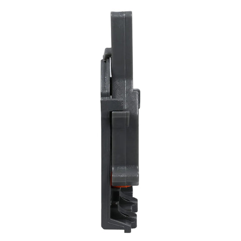 Side view of Pair Of Undermount Drawer Slide Front Plastic Locking Devices In Grey With Screws Included For Easy Installation And Adjustment