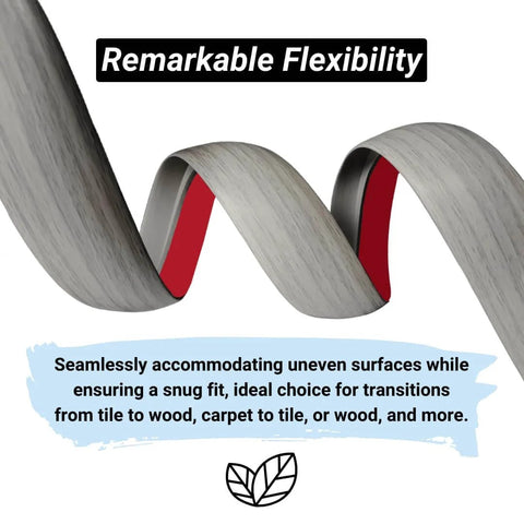 Close-up of Floor Transition Strip Self Adhesive Carpet Wood Tile Vinyl Flooring Laminate with flexible gray forest pattern.