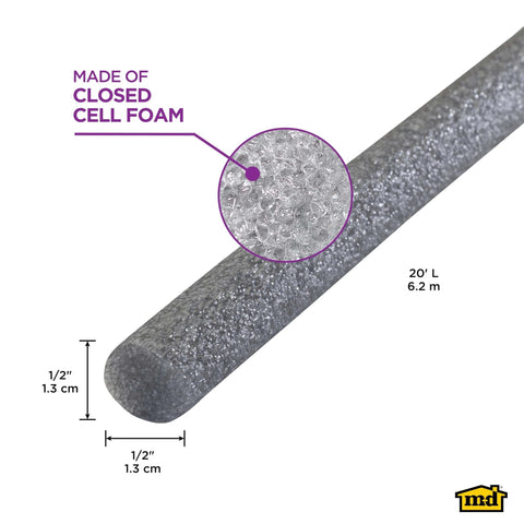 Detailed view of Versatile Gray Foam Backer Rod Set 1/2in x 20ft - Essential Caulk Saver for Sealing Concrete Gaps, Expansion Joints, and Crack Filling (71480) showing closed cell foam material and dimensions.